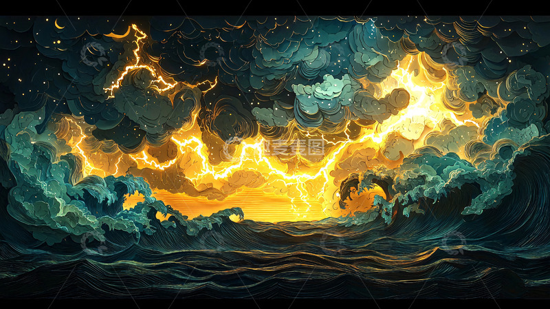 高清大图下载【趣麦麦图】暴风雨中闪电击中海面