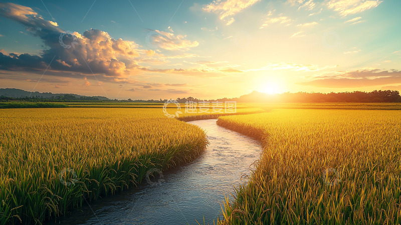 高清大图下载【趣麦麦图】金黄稻田夕阳美景