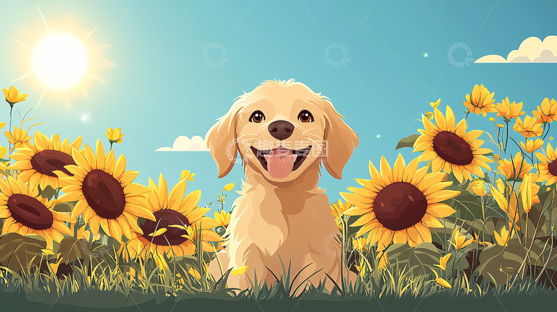 高清大图下载【趣麦麦图】向日葵田里的金毛幼犬