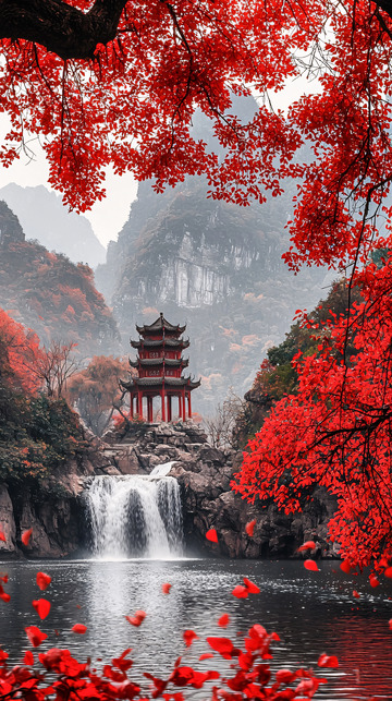 秋季红叶掩映下的宝塔