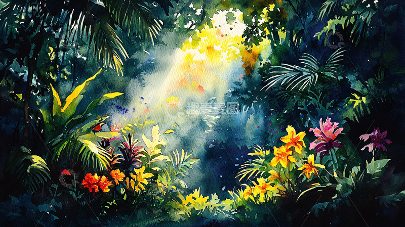 高清大图下载【趣麦麦图】热带雨林水彩画