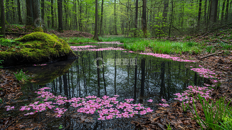 高清大图下载【趣麦麦图】森林池塘粉色花瓣