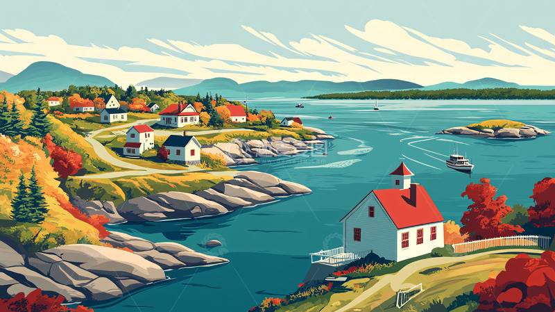 高清大图下载【趣麦麦图】宁静海湾小镇风景画