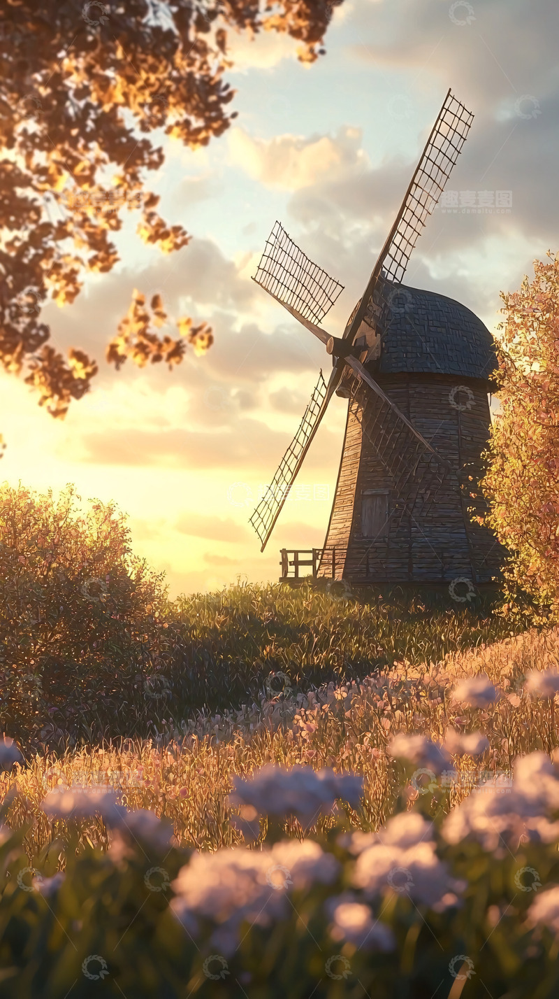 高清大图下载【趣麦麦图】秋日夕阳下的古老风车