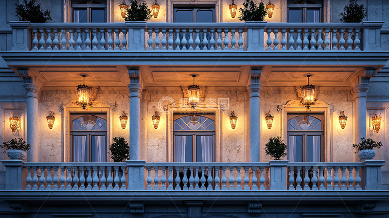 高清大图下载【趣麦麦图】-建筑阳台的夜景灯光