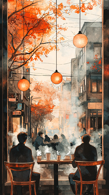 秋日暖阳街景咖啡馆