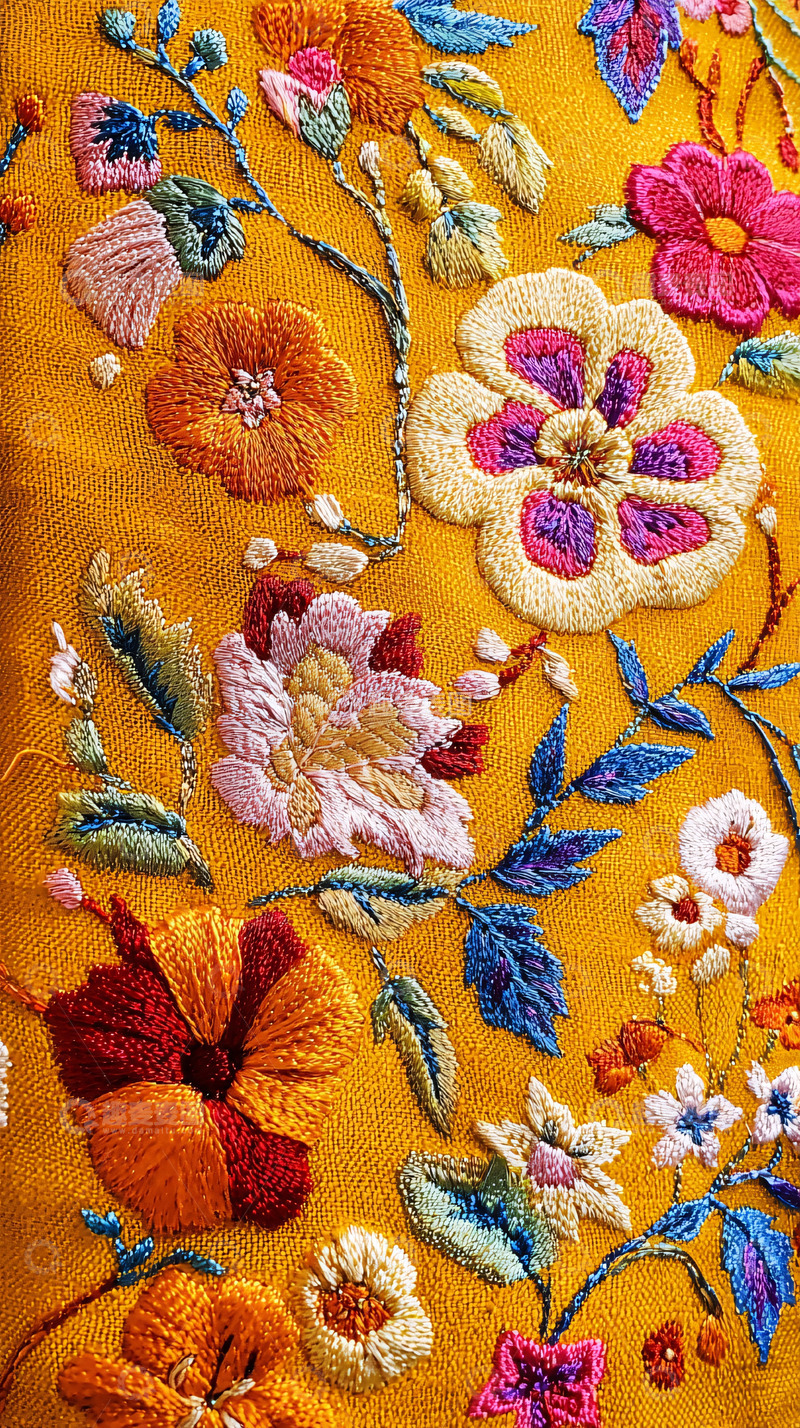 高清大图下载【趣麦麦图】黄底彩色刺绣花朵图案