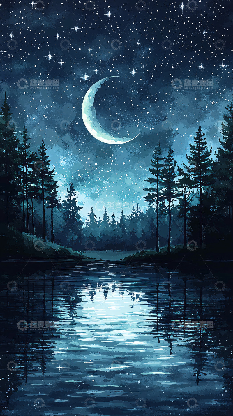 高清大图下载【趣麦麦图】星空下的森林湖泊