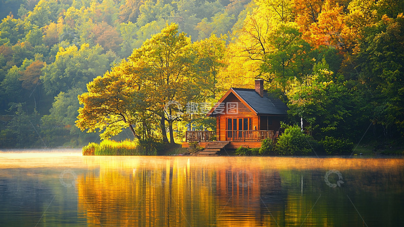 高清大图下载【趣麦麦图】秋日湖边木屋