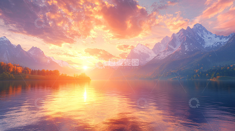 高清大图下载【趣麦麦图】壮丽雪山日落湖景
