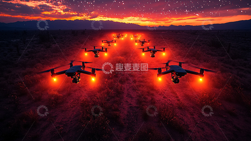 高清大图下载【趣麦麦图】沙漠日落无人机编队