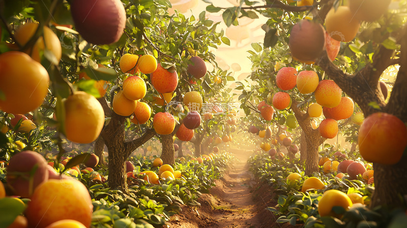高清大图下载【趣麦麦图】果园清晨阳光下的柑橘树