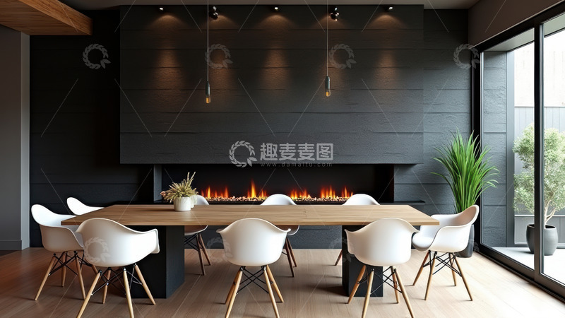 高清大图下载【趣麦麦图】带壁炉的现代餐厅空间