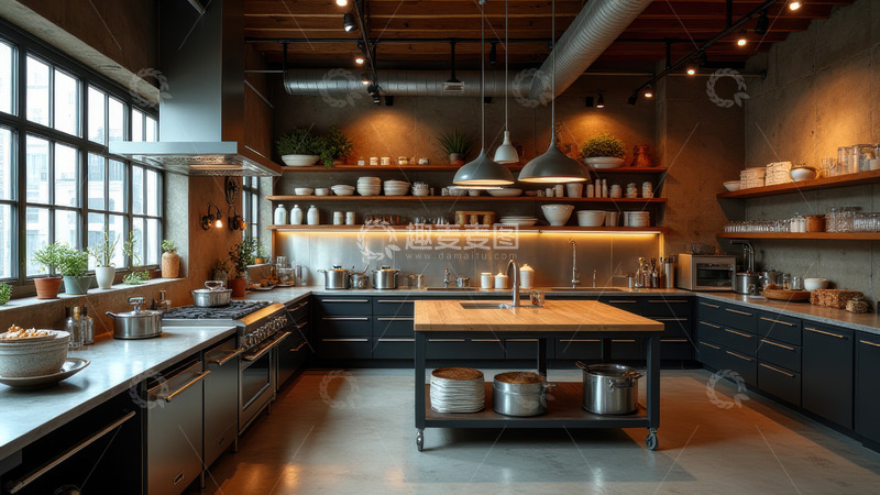 高清大图下载【趣麦麦图】工业风的大型厨房空间