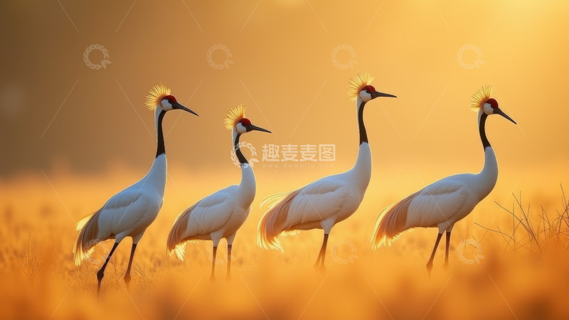 高清大图下载【趣麦麦图】夕阳下的丹顶鹤群