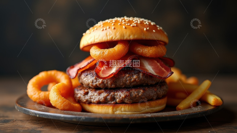高清大图下载【趣麦麦图】培根洋葱圈牛肉汉堡餐