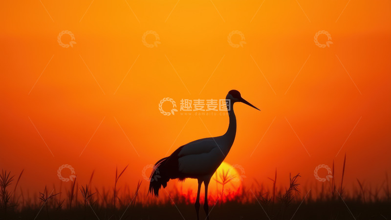高清大图下载【趣麦麦图】夕阳下鹤的剪影