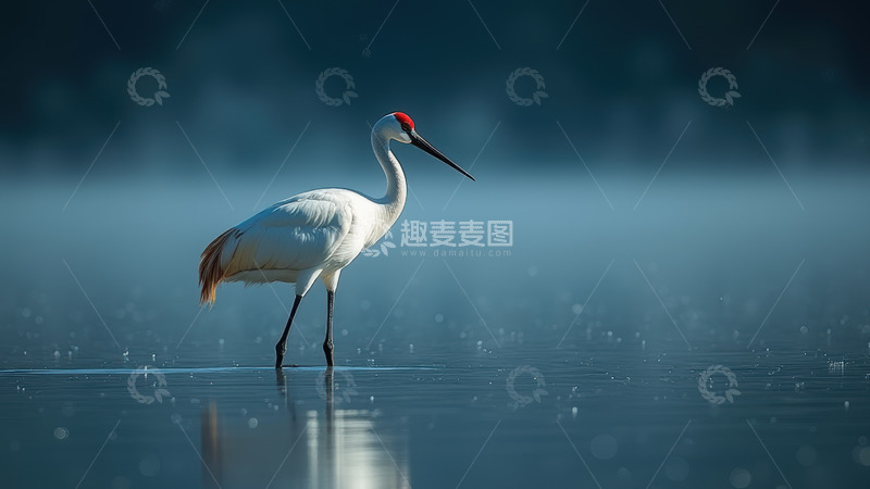 高清大图下载【趣麦麦图】晨雾中静立的丹顶鹤