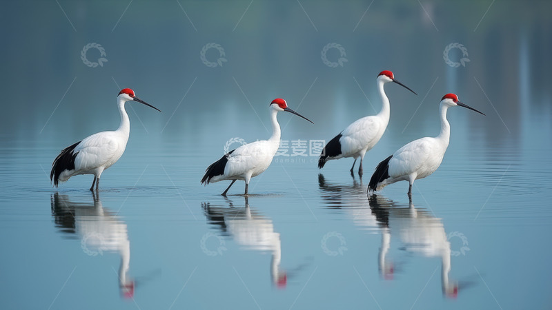 高清大图下载【趣麦麦图】水面上的丹顶鹤群