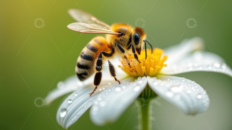 高清大图下载【趣麦麦图】带水珠白花上的采蜜蜂