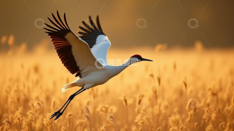 高清大图下载【趣麦麦图】夕阳中飞翔的丹顶鹤