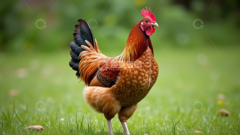 高清大图下载【趣麦麦图】草地上的彩羽公鸡1