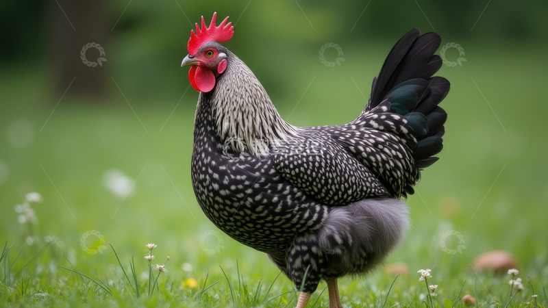 高清大图下载【趣麦麦图】草地上的黑白花纹公鸡