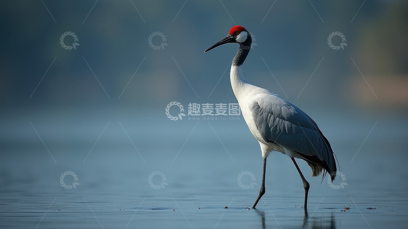 高清大图下载【趣麦麦图】水面上伫立的丹顶鹤