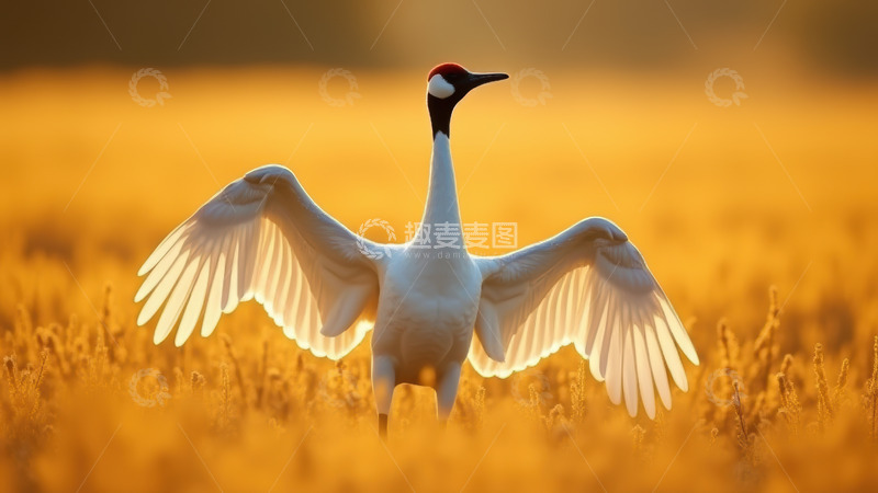 高清大图下载【趣麦麦图】夕阳中展翅的丹顶鹤