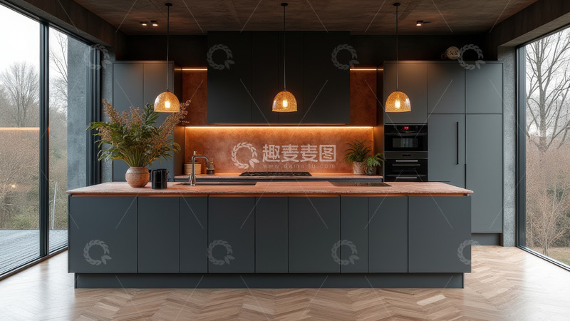 高清大图下载【趣麦麦图】深灰格调厨房岛台布局