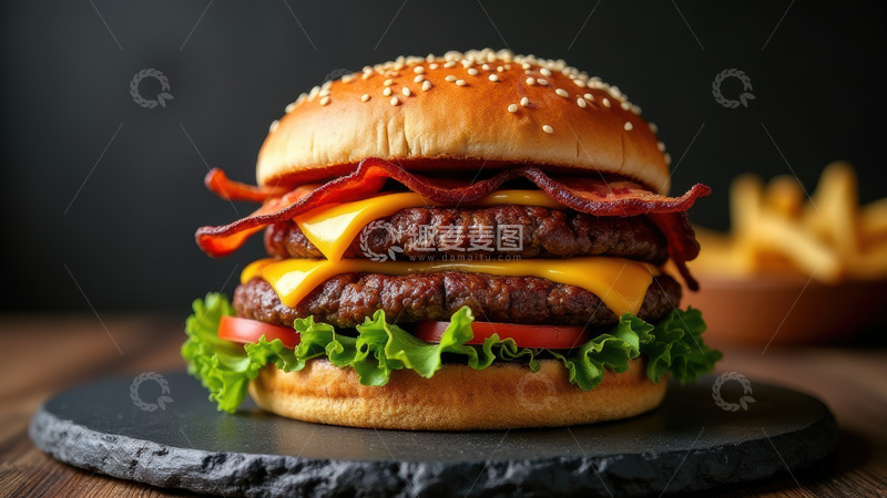 高清大图下载【趣麦麦图】双层培根芝士牛肉汉堡