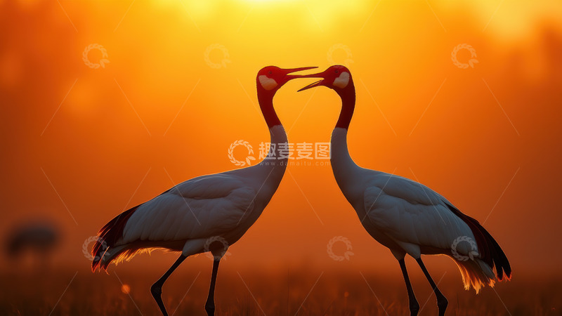 高清大图下载【趣麦麦图】夕阳中亲昵的丹顶鹤