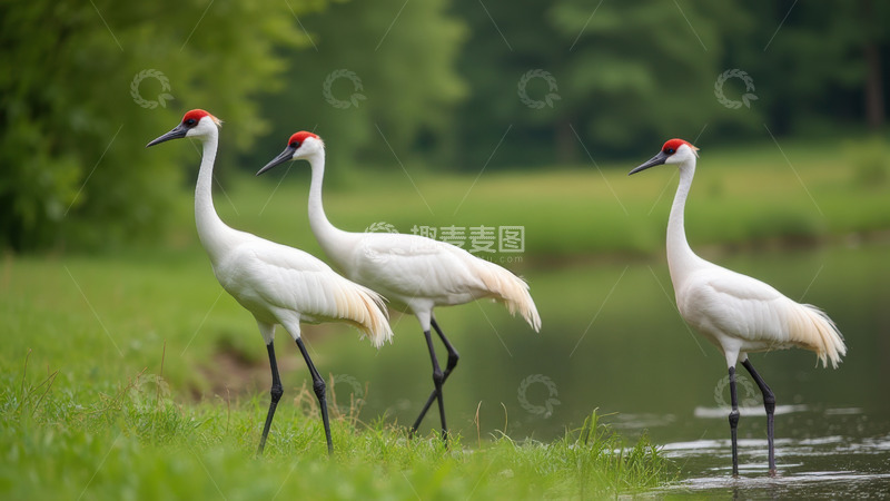 高清大图下载【趣麦麦图】水边草地的丹顶鹤群