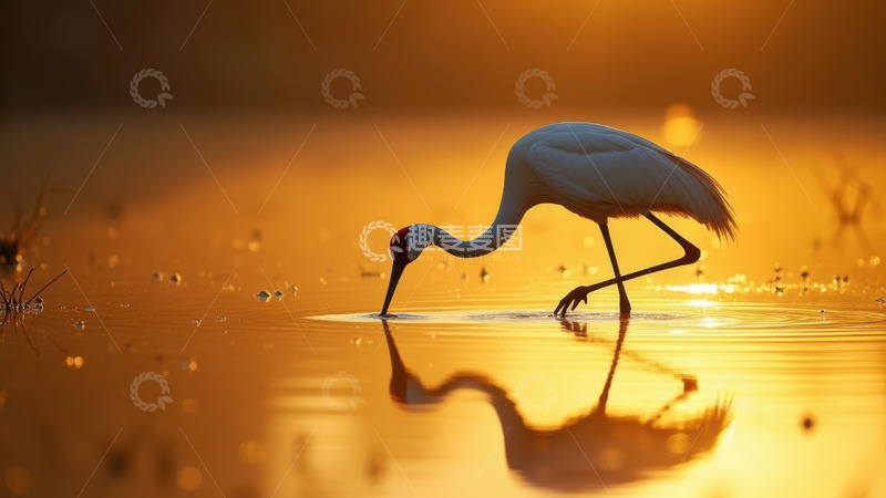 高清大图下载【趣麦麦图】夕照里饮水的鹤