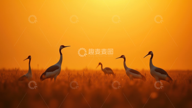 高清大图下载【趣麦麦图】夕阳下的丹顶鹤群像