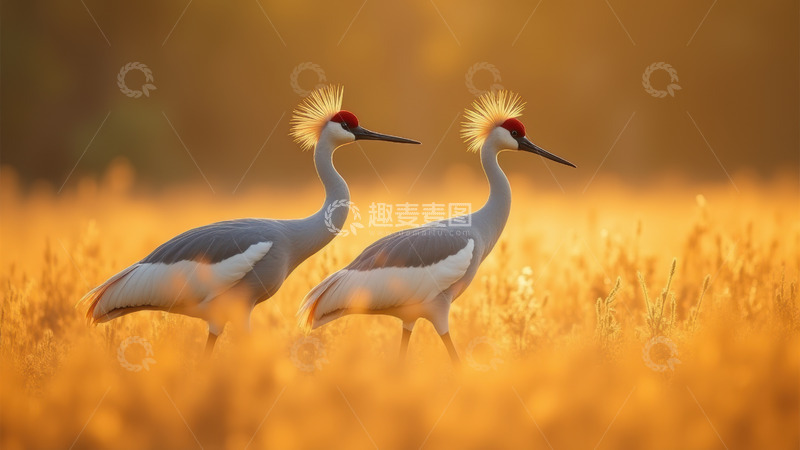 高清大图下载【趣麦麦图】夕阳下的灰冠鹤伴侣