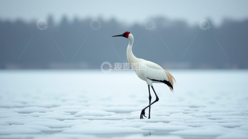 高清大图下载【趣麦麦图】冰面上独站的丹顶鹤