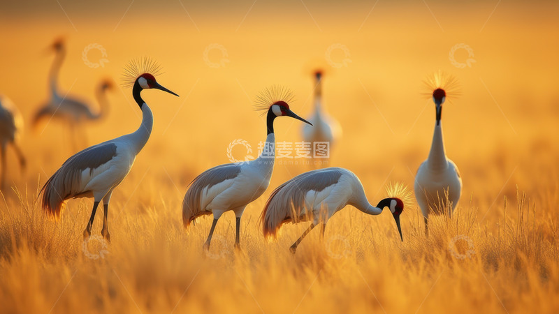 高清大图下载【趣麦麦图】夕阳下觅食的丹顶鹤群