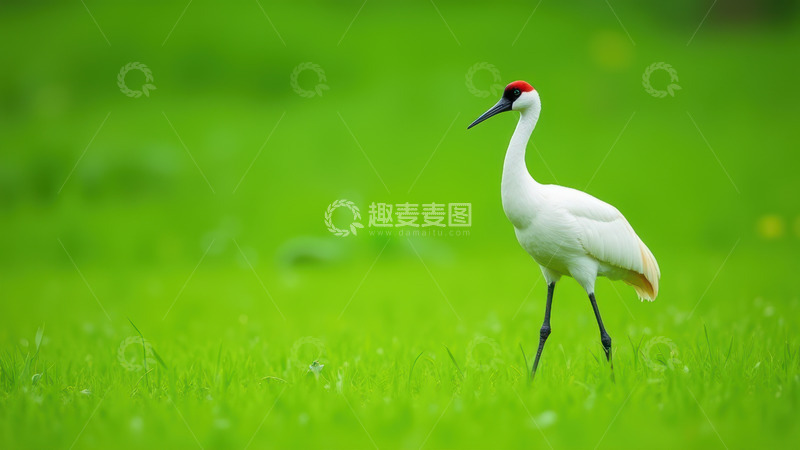 高清大图下载【趣麦麦图】绿草地上的丹顶鹤