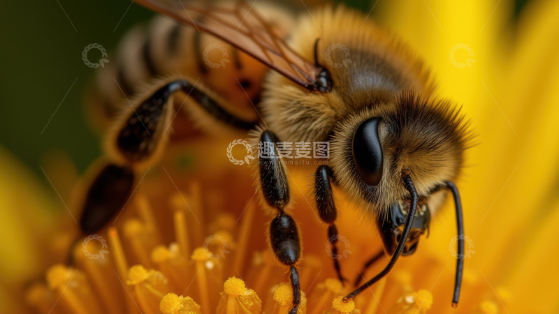 高清大图下载【趣麦麦图】蜜蜂于黄花上吸食