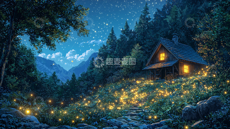 高清大图下载【趣麦麦图】星空下的森林小屋