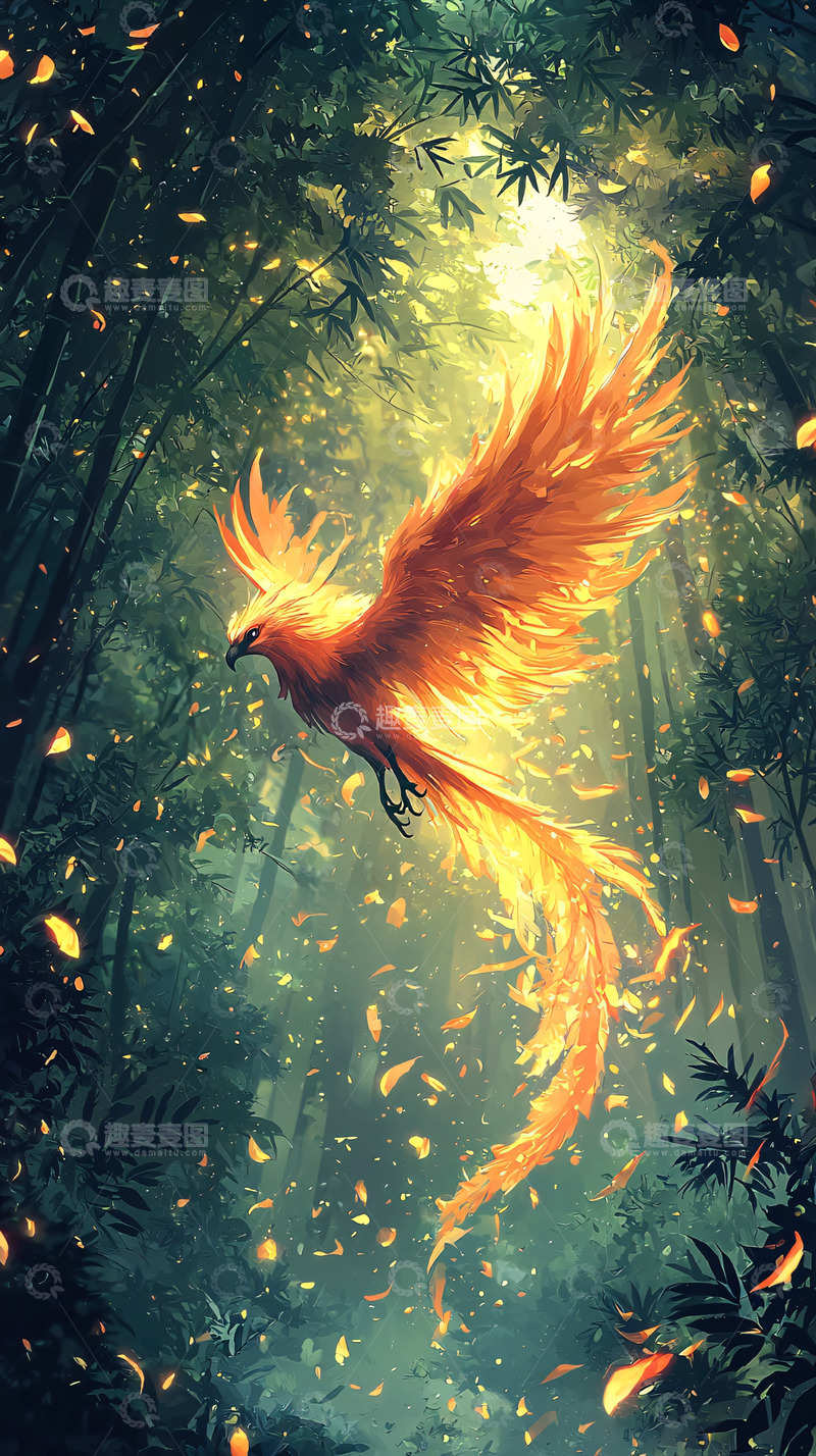 高清大图下载【趣麦麦图】林中飞翔的火焰凤凰