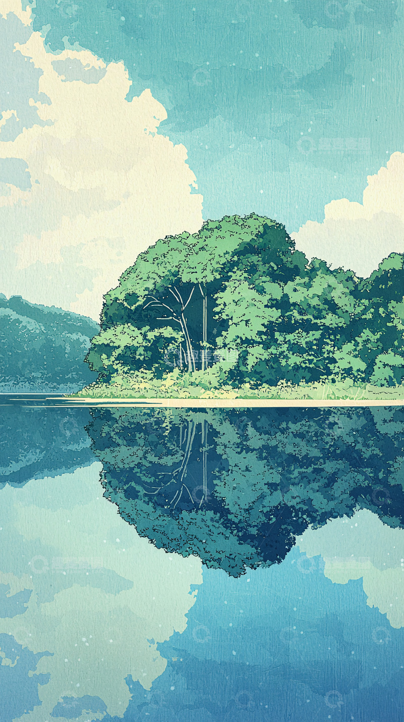 高清大图下载【趣麦麦图】平静湖面树木倒影