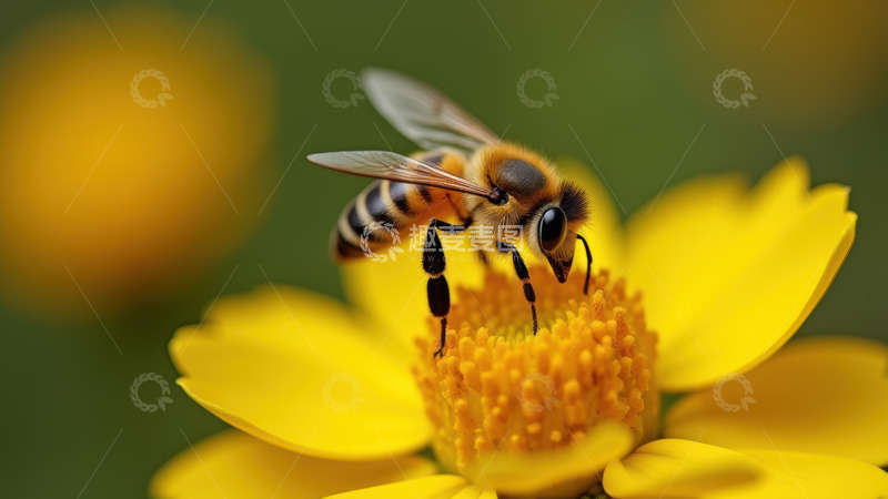 高清大图下载【趣麦麦图】蜜蜂在单朵黄花采蜜