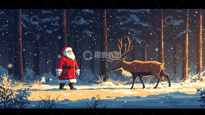 高清大图下载【趣麦麦图】圣诞老人与驯鹿雪景图