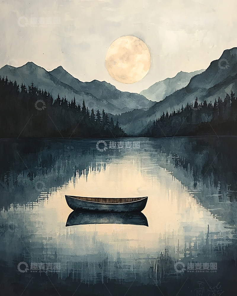 高清大图下载【趣麦麦图】静谧湖泊月夜独木舟