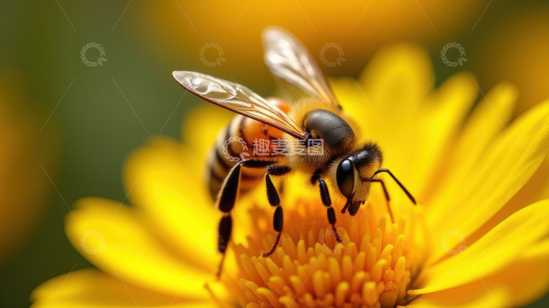 高清大图下载【趣麦麦图】蜜蜂在黄色花上采蜜