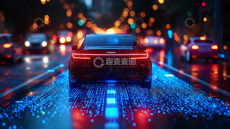 高清大图下载【趣麦麦图】夜晚城市道路自动驾驶汽车