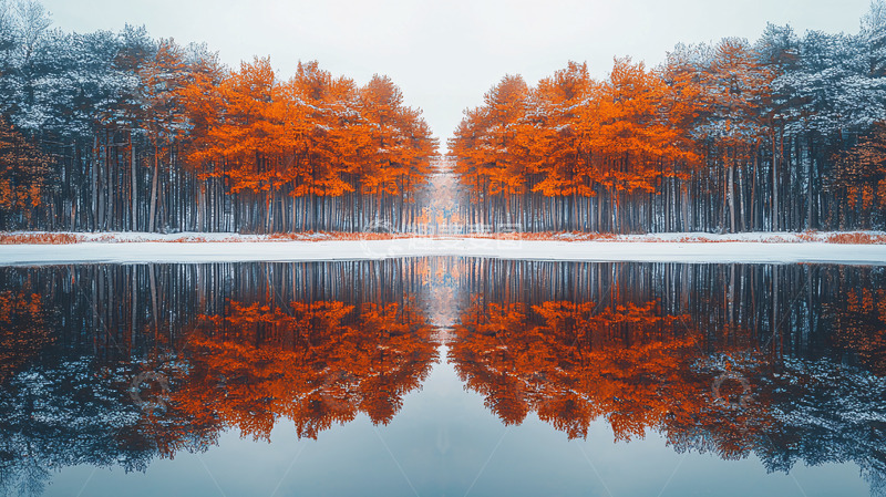 高清大图下载【趣麦麦图】雪景森林湖泊倒影