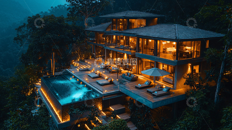 高清大图下载【趣麦麦图】山林别墅夜景